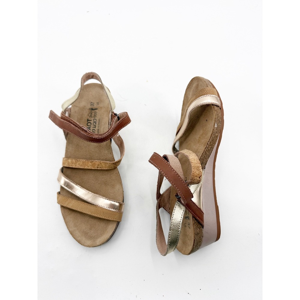 Naot Women Hero Strappy Wedge Sandal Metallic Leather Cork Size 37 L6 Brown Gold